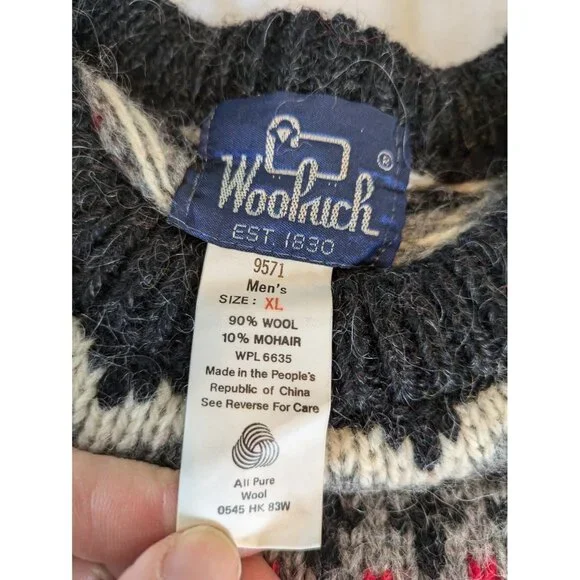 Vintage Woolrich Sweater Men's Sz XL Fair Isle Red & Gray Wool Pullover 80s, 90s